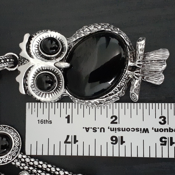 Silver Tone Owl Pendant Necklace with Black Stone - Picture 7 of 10